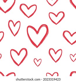 Hermoso contorno rojo, corazones de tinta lineal aislados en fondo blanco. Patrón perfecto. Dibujo gráfico plano vectorial simple a mano. Textura.