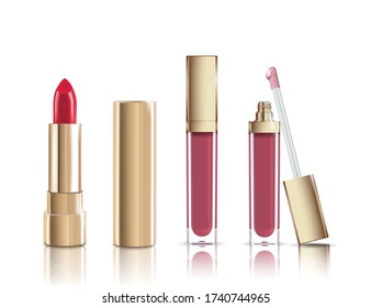 Beautiful red cosmetic lipstick, liquid lip gloss and nail polish set. Makeup realistic cosmetic vector isolated on white.