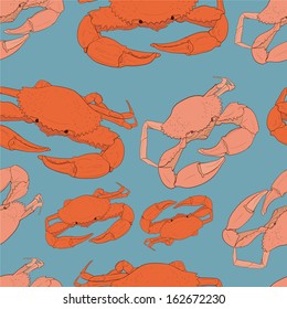 Beautiful red crab seamless pattern. Perfect restaurant background with seafood. Cute fully editable illustration drawn in vector by hand. 