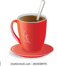 Beautiful red cup of coffee with a spoon inside isolated on white background. Vector illustration for design.