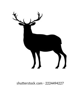 Beautiful red deer with antlers. Black silhouette. Forest herbivore hoofed animal. Faina and wildlife. Design element template. Vector illustration isolated on white background