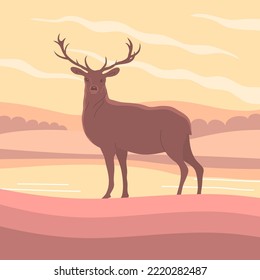 Beautiful red deer with antlers. Forest herbivore animal. Faina and wildlife. Peaceful nature landscape. Calm morning. Rural scener. Flat vector illustration