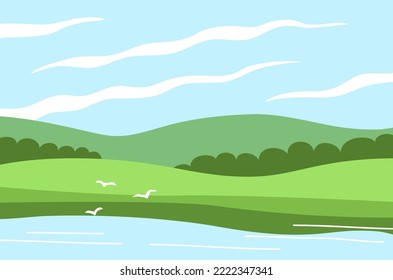 Beautiful red deer with antlers. Forest herbivore animal. Faina and wildlife. Peaceful nature landscape. Calm morning. Rural scener. Flat vector illustration