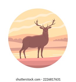 Beautiful red deer with antlers. Forest herbivore animal. Faina and wildlife. Peaceful nature landscape. Calm morning. Rural scener. Flat vector round illustration