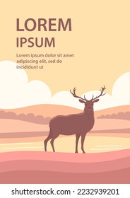 Beautiful red deer with antlers. Forest herbivore animal. Faina and wildlife. Peaceful nature landscape. Calm morning. Rural scener. Design poster, flyer. Flat vector illustration