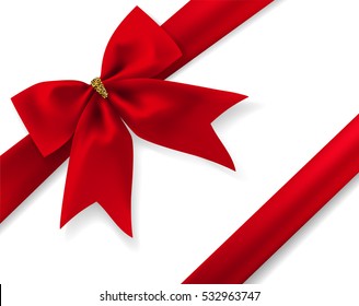 Beautiful red diagonal bow with ribbon and transparent shadow isolated on white background Vector illustration romantic decorative element