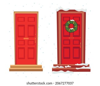 Beautiful red door with a wreath of Christmas. Vector illustration for a postcard or a poster. New Year's and Christmas.