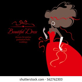 Beautiful red dress. Vector illustration of a young woman in a magnificent dress with ribbons.