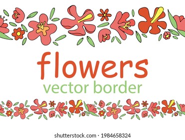 hermosas flores exóticas rojas, vectorial sin costura horizontal con contorno negro
