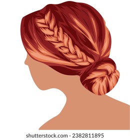 beautiful, red, female hair in a bun hairstyle, side view, vector illustration