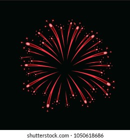 Beautiful red firework. Bright firework isolated on black background. Light red decoration firework for Christmas, New Year celebration, holiday, festival, birthday card Vector illustration