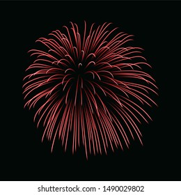 Beautiful red firework. Bright firework isolated on black background. Light red decoration firework for Christmas, New Year celebration, holiday, festival, birthday card Vector illustration