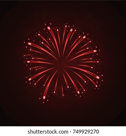 Beautiful red firework. Bright firework isolated on black background. Light red decoration firework for Christmas, New Year celebration, holiday, festival, birthday card Vector illustration