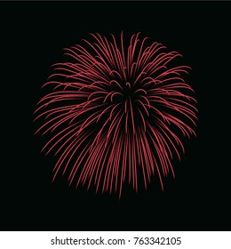 Beautiful red firework. Bright firework isolated on black background. Light red decoration firework for Christmas, New Year celebration, holiday, festival, birthday card Vector illustration