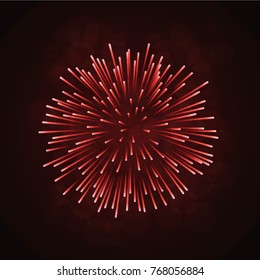 Beautiful red firework. Bright firework isolated on black background. Light red decoration firework for Christmas, New Year celebration, holiday, festival, birthday card Vector illustration