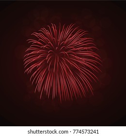 Beautiful red firework. Bright firework isolated on black background. Light red decoration firework for Christmas, New Year celebration, holiday, festival, birthday card Vector illustration