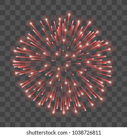 Beautiful red firework. Bright salute isolated transparent background. Light decoration firework for Christmas, New Year celebration, holiday, festival, birthday card Vector illustration
