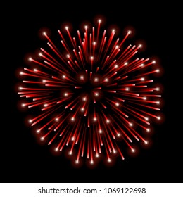Beautiful red firework. Bright salute isolated on black background. Light decoration firework for Christmas, New Year celebration, holiday, festival, birthday card Vector illustration