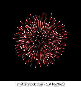 Beautiful red firework. Couple romantic salute isolated on black background. Light decoration firework for Christmas, New Year, Valentine Day celebration. Symbol of holiday Vector illustration