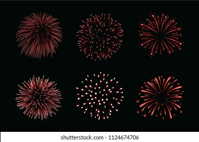 Beautiful red fireworks set. Bright fireworks isolated black background. Light red decoration fireworks for Christmas, New Year celebration, holiday festival, birthday card Vector illustration