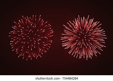 Beautiful red fireworks set. Bright fireworks isolated black background. Light red decoration fireworks for Christmas, New Year celebration, holiday festival, birthday card Vector illustration