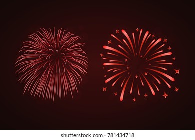 Beautiful red fireworks set. Bright fireworks isolated black background. Light red decoration fireworks for Christmas, New Year celebration, holiday festival, birthday card Vector illustration