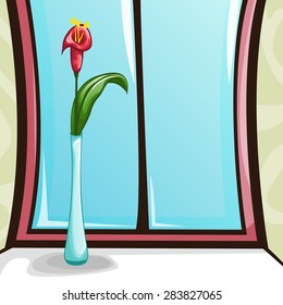 Beautiful red flower in blue vase. Wonderful window