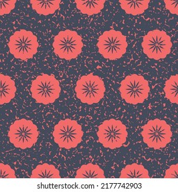 Beautiful red flower flat cartoon seamless pattern with scuffs and scratches for packaging and textile design, cute fun pattern