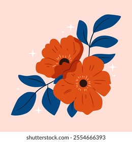 Beautiful red flower on a pink background. Trendy colors.Rosehip, rose, poppy flower.