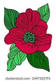 Beautiful red flower surrounded by leaves. Theme of flowering and love. Protection of Nature. Drawing in flat style. Vector illustration