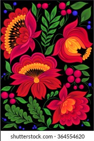 beautiful red flowers with green leaves and blue berries. style of Ukrainian Petrikivka painting. background greeting cards and invitations of the wedding, birthday, Valentine's Day, mother's day