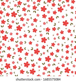 Beautiful Red Flowers And Leaves Background Scattered pattern, seamless vector, random Design ideas used for fashion printing, textiles, wrapping paper, white background