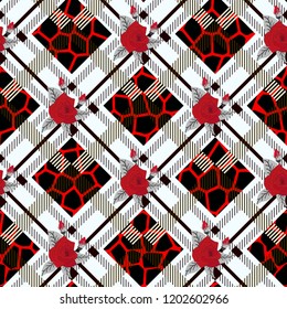 Beautiful red flowers pattern on plaid background. pattern of rose, eps10