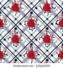Beautiful red flowers pattern on plaid background. pattern of rose, eps 10