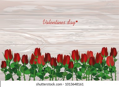 Beautiful red flowers. Roses. Empty space for your ad or inscriptions or messages. Postcard on Valentine's wedding and birthday. Free place. Vector illustration on wooden background.