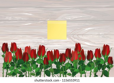 Beautiful red flowers. Roses. Empty yellow sheet of paper for notes. Sticker. Postcard on Valentine's wedding and birthday. Free place. Vector illustration on wooden background.