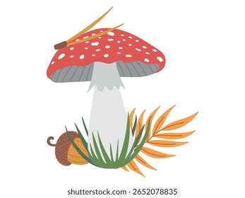 Beautiful red fly agaric amanita mushroom in grass near the acorn, pine needle and falling leaves isolated on white background. Hand drawn vector flat illustration. Poisonous mushroom, autumn icon