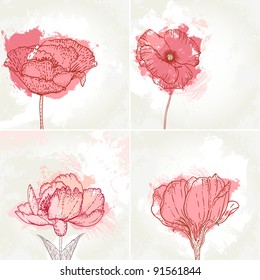 Beautiful red fowers valentine's day designs set on beige background. Vector illustrations.