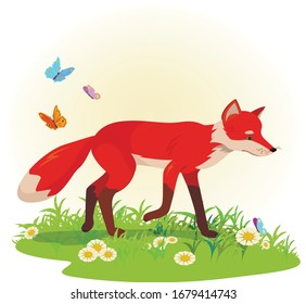 Beautiful red fox on a spring lawn in a realistic cartoon style.