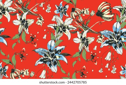 Beautiful Red garden Flower pattern. Botanical Motifs are scattered randomly. Seamless vector texture. For fashion prints. Printing in hand-drawn style on black background color