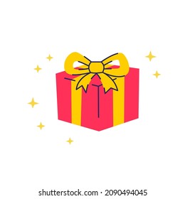 Beautiful red gift box with yellow or golden bow. Vector flat illustration isolated on white.