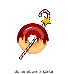 Beautiful red glazed vector donut with christmas candy and star