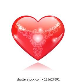 Beautiful red glossy heart shape with vintage pattern. EPS10 vector.