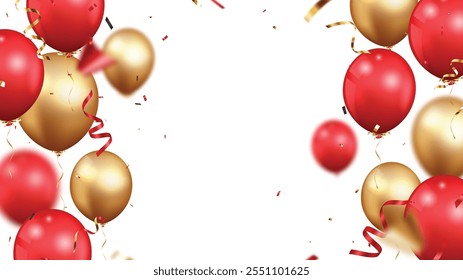 Beautiful red and gold balloon with confetti background