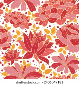 Beautiful red and gold flowers vector seamless pattern. hand drawn leaves and white background. for fabric, wallpaper, prints.