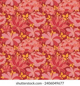 Beautiful red and gold flowers vector seamless pattern. hand drawn leaves and red background. for fabric, wallpaper, prints.