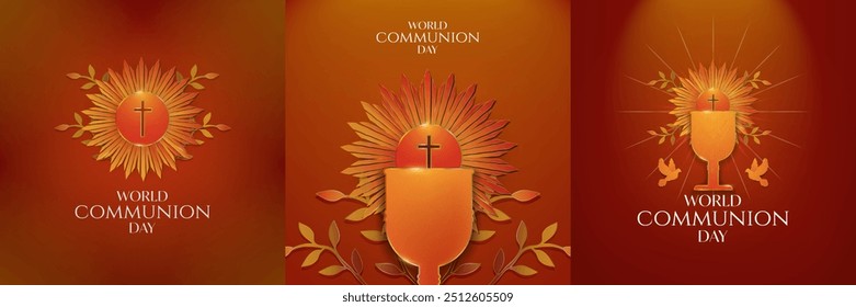 Beautiful Red and Gold World Communion Day Greeting Card Posters. Communion Bread dipped in the cup of wine framed by elegant metallic rays of a ostensorium. Elegant religious designs. Vector.