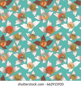 Beautiful red and green roses with white leaves. Seamless pattern. Vector illustration on turquoise background