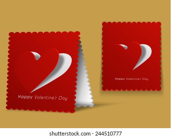 Beautiful red greeting card design with creative paper cut out heart shape for Happy Valentines Day celebration.