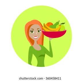 Beautiful red hair girl with the bowl of fruits in circle. Girl with red hair with the bowl of fruits. Juicy fruits in the girl's bowl. Girl hiods bowl of fruits